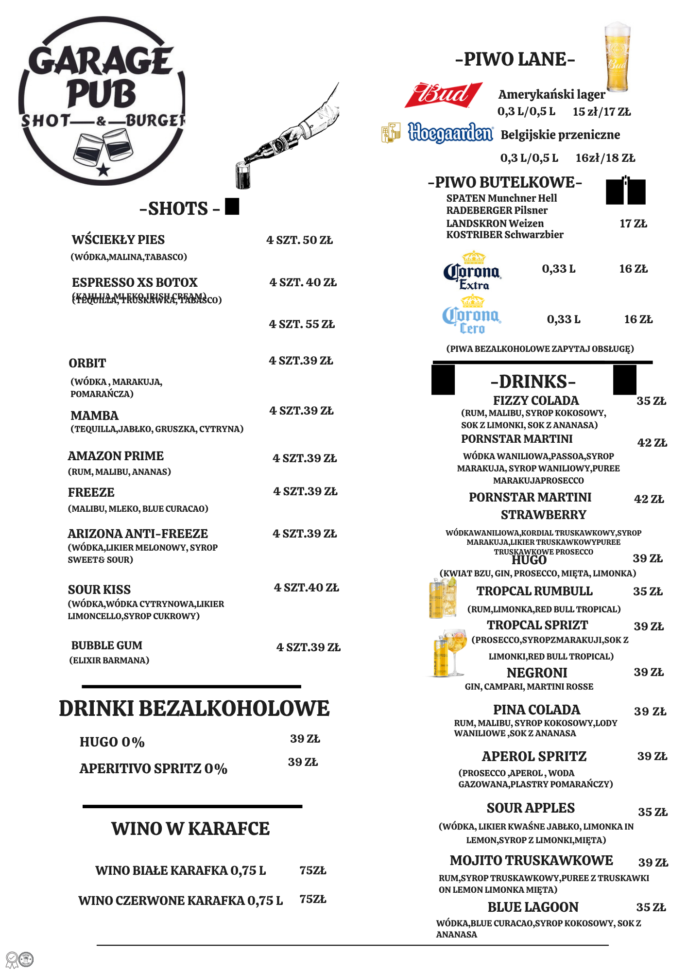 Garage Pub - Menu tył